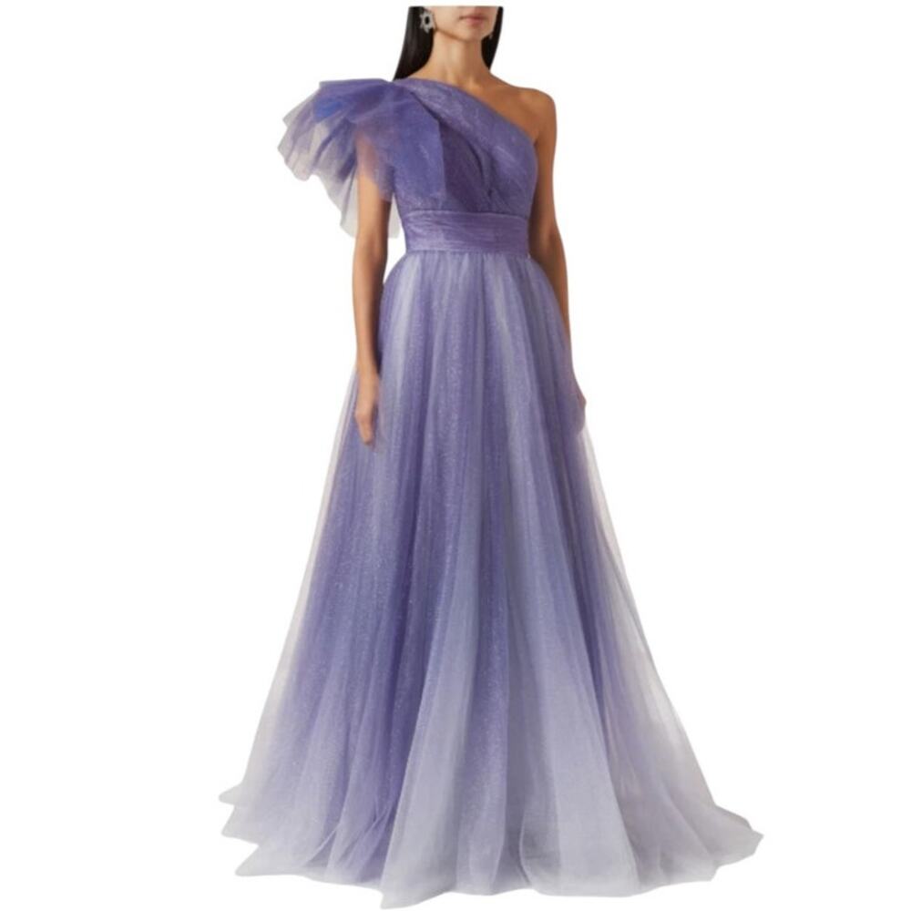 Mac Duggal 20377 Size 8 Glitter Ble Ombre Ruffled One Shoulder Prom Ballgown NWT